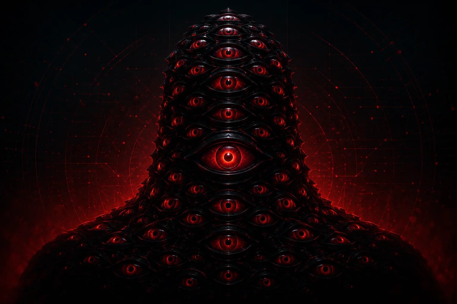 An abstract guardian formed from many watchful eyes, rendered in dark tones with a deep red glow